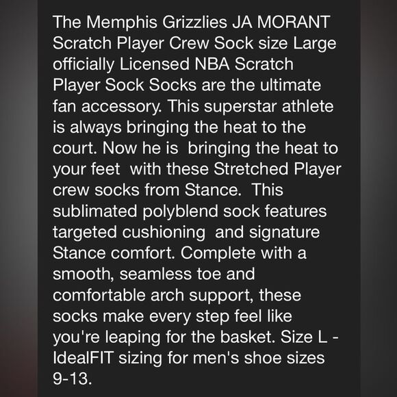 STANCE CASUAL MEN’S OFFICIALLY LICENSED NBA SOCKS JA MORANT SIZE LARGE - Picture 5 of 6